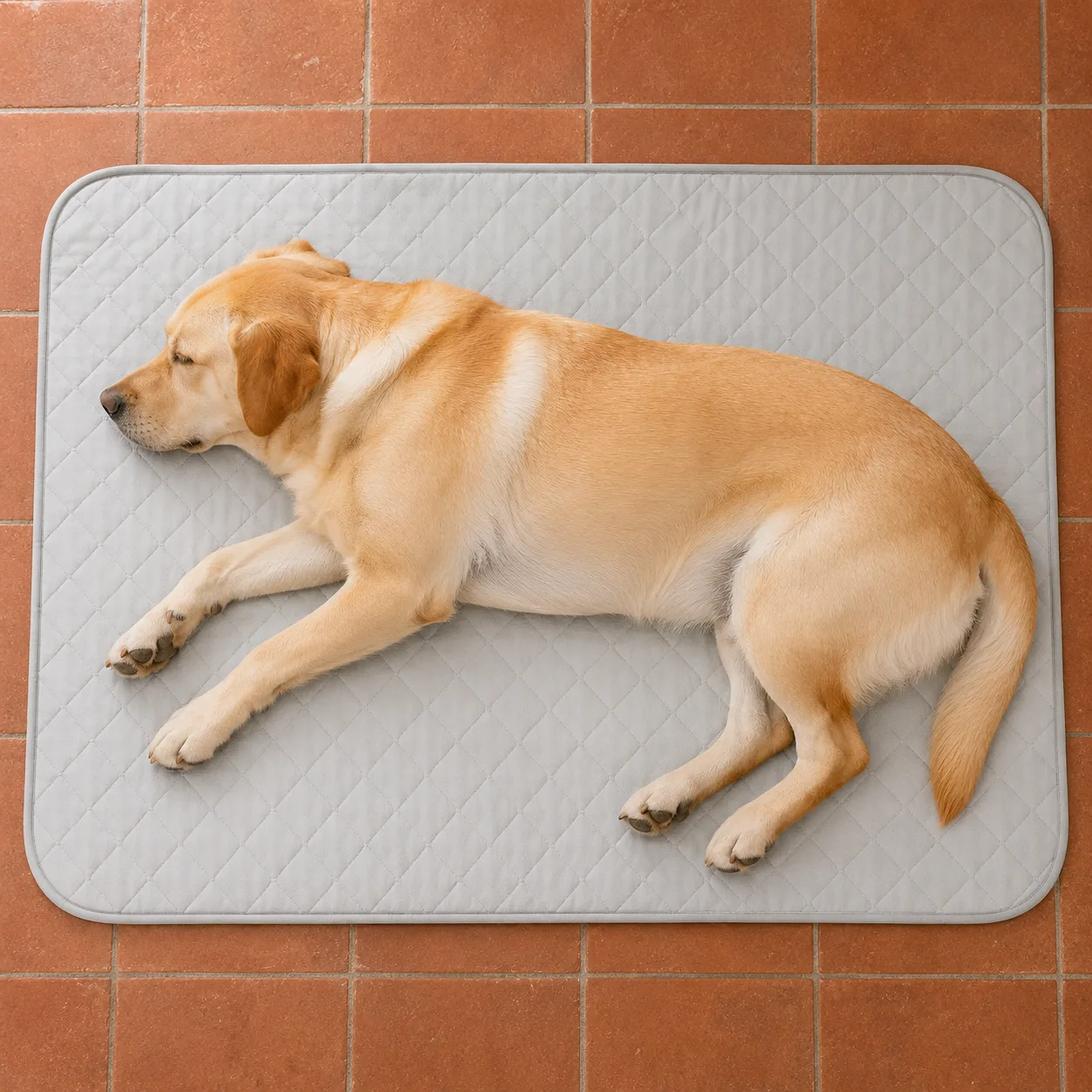 Labrador van bovenaf op een grijze Frimouf koelmat, zijn lijf vult bijna het hele vlak