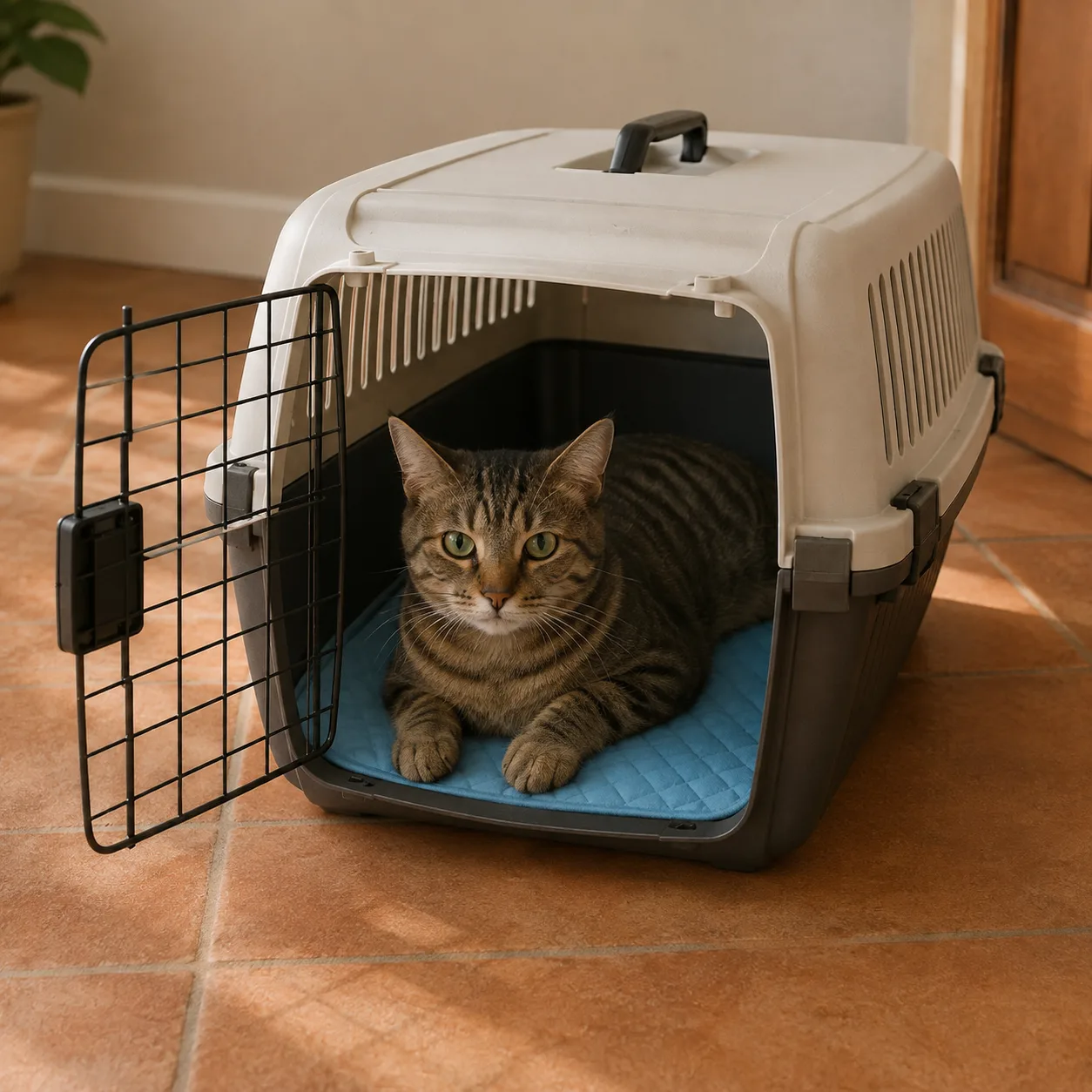 Cyperse kat op een blauwe Frimouf koelmat op de bodem van een open reismand