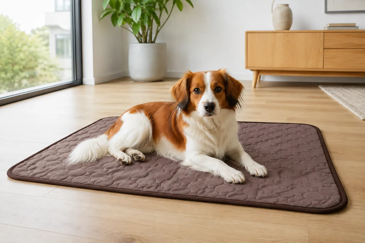 Kooikerhondje ligt op een bruine Frimouf koelmat op een lichte houten vloer in de woonkamer, met een groot raam en een plant op de achtergrond