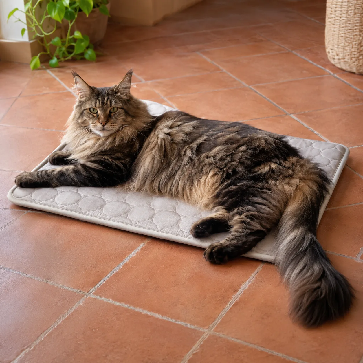 Maine coon op een grijze Frimouf koelmat, staart en achterpoten steken over de rand