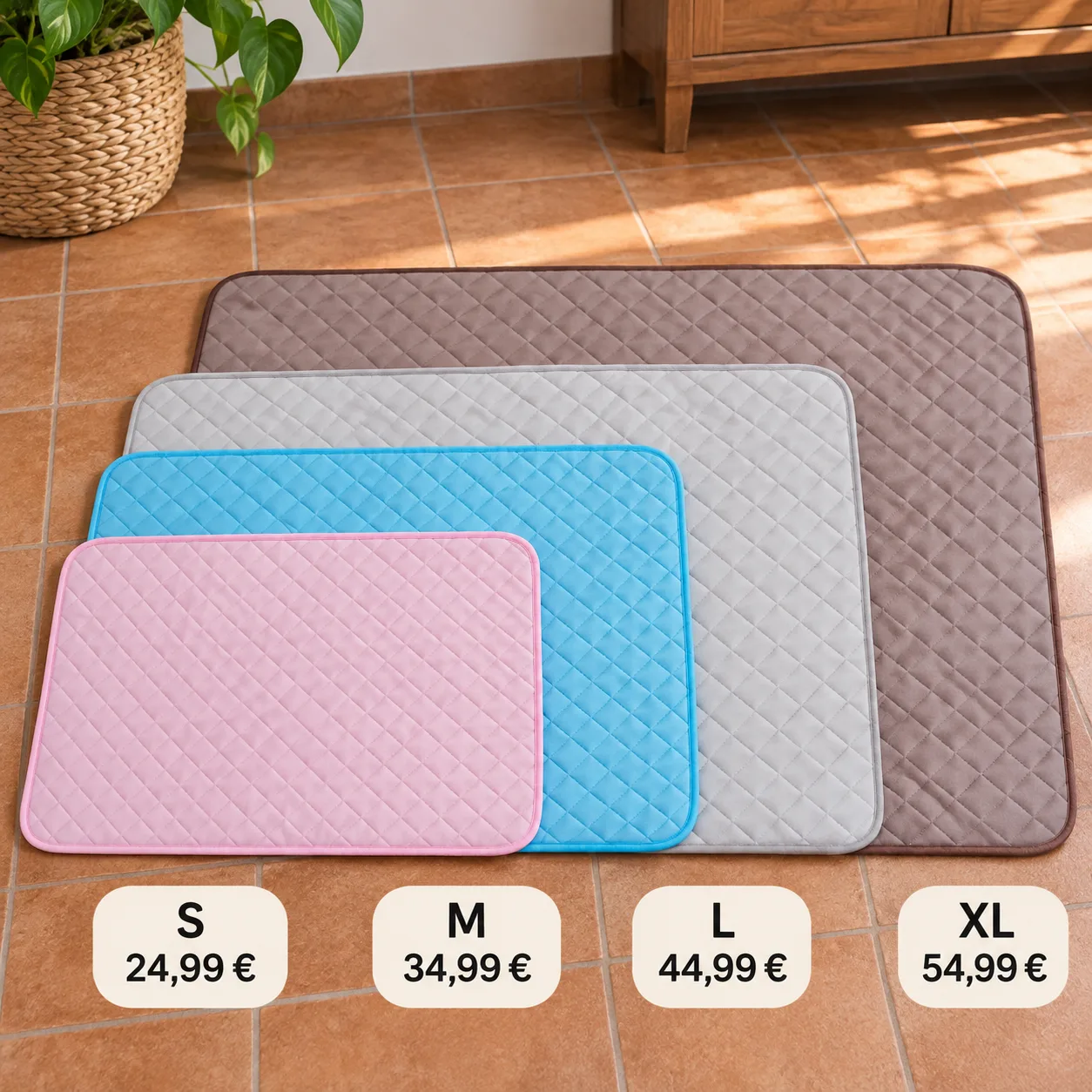 De vier Frimouf koelmatten op elkaar gestapeld op grootte: S roze, M blauw, L grijs en XL bruin