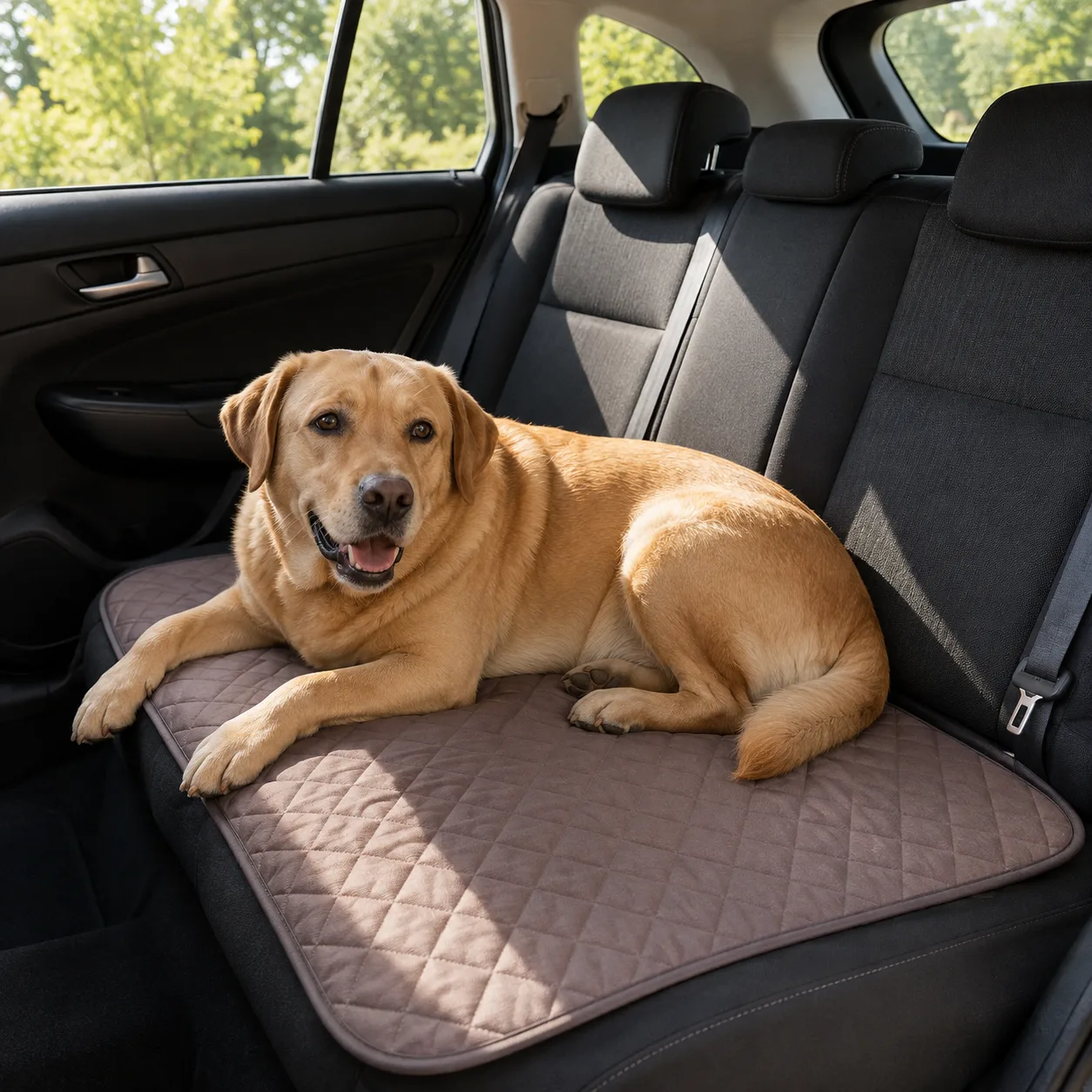Labrador op een bruine Frimouf koelmat op de achterbank van een auto