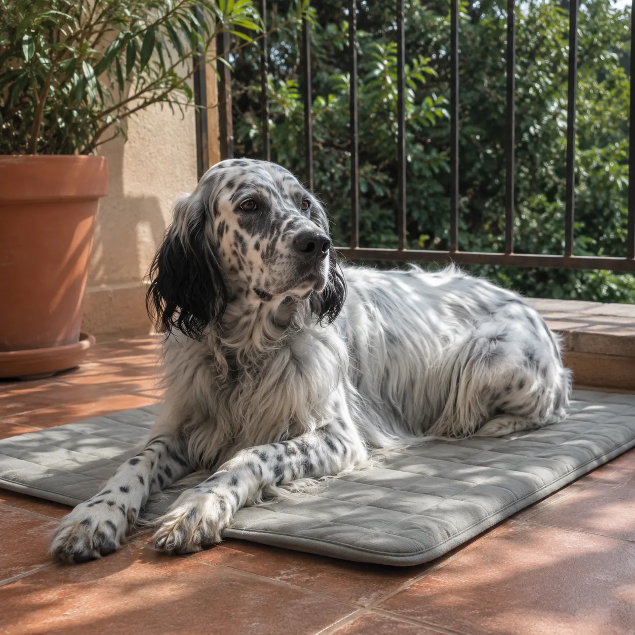 Langharige setter op een grijze Frimouf koelmat op het terras
