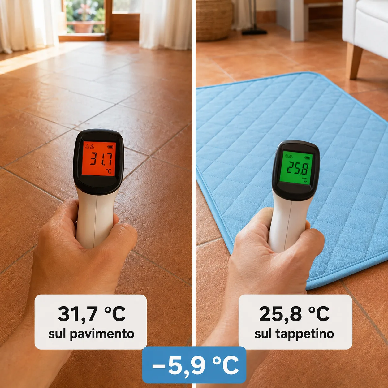 Twee metingen met de infraroodthermometer: kale vloer en koelmat in dezelfde kamer